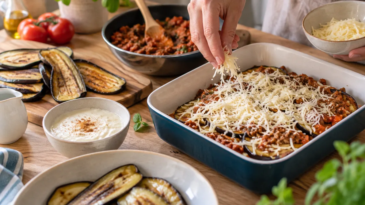 Part de moussaka d'aubergines allégée gratinée, couches de viande à la tomate et béchamel légère