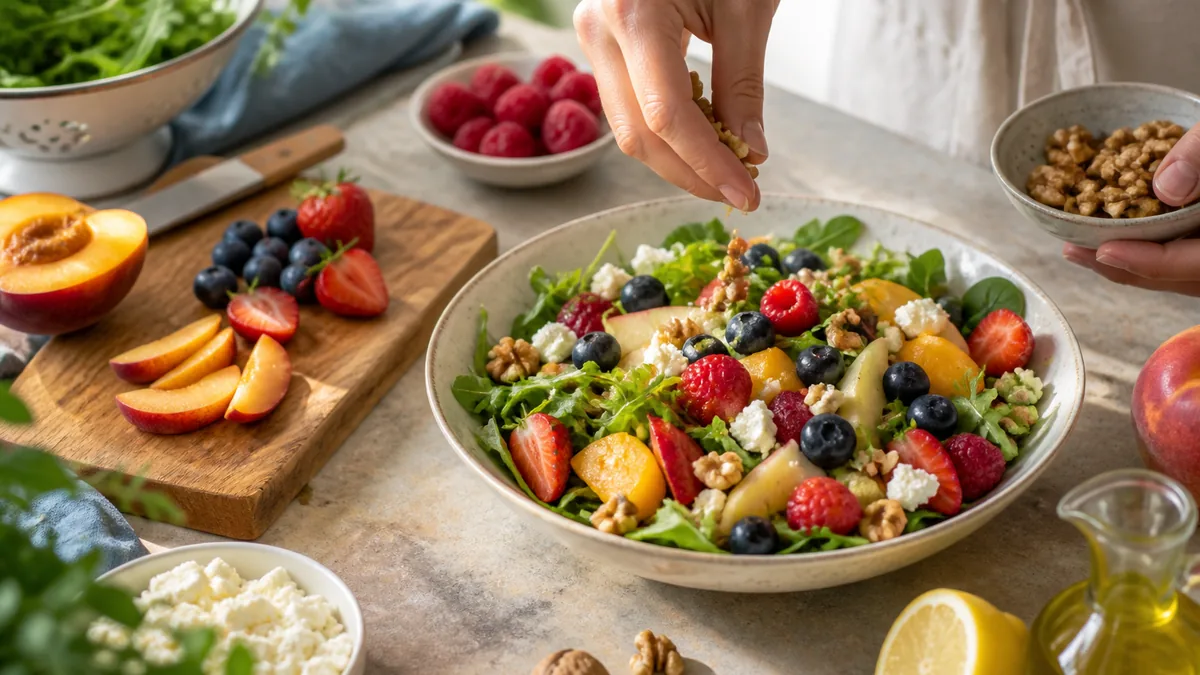 Salade colorée de laitue, trévise, nectarines, abricots, ananas, raisin et dés de comté aux graines de pavot