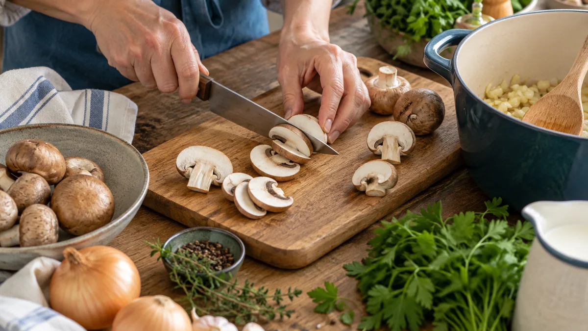 Bol de potage velouté aux champignons parsemé de ciboulette fraîche