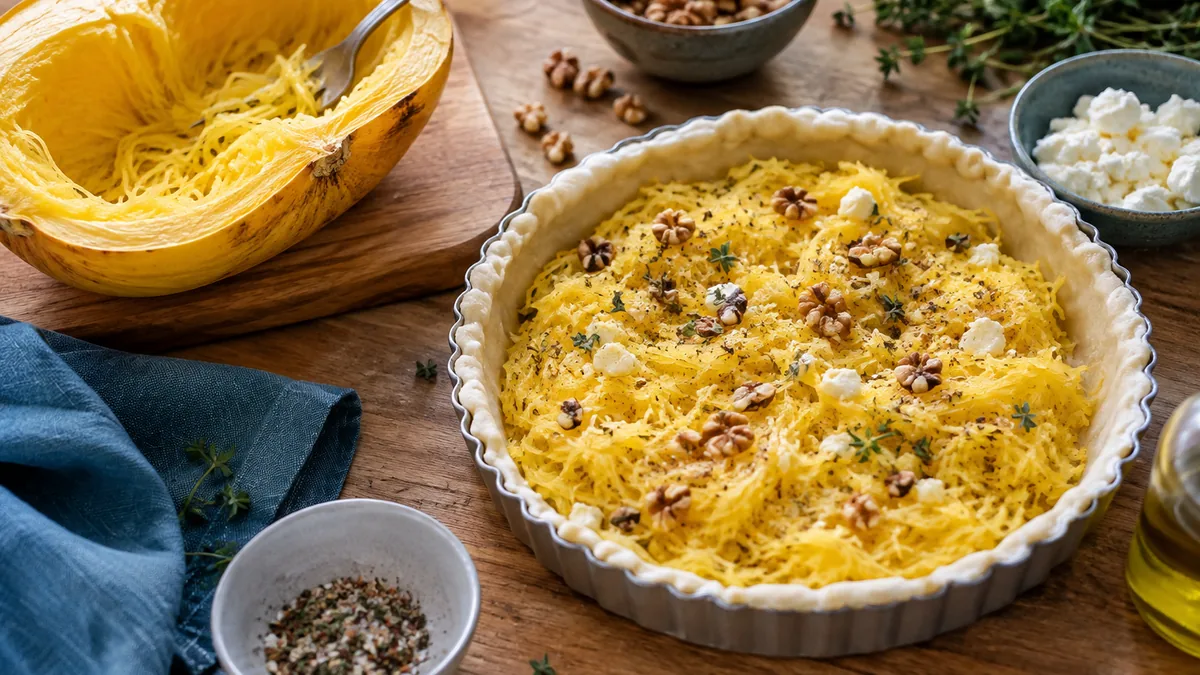 Part de tarte sucrée à la courge spaghetti parfumée à la cannelle
