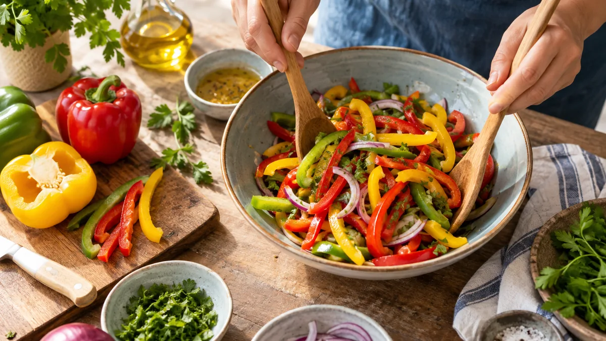 Salade colorée aux trois poivrons, maïs et concombre relevée au citron