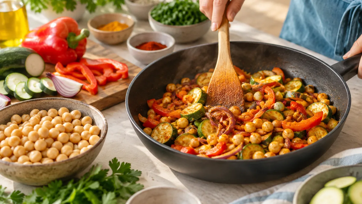 Poêlée de poivrons et tomates aux épices douces, servie avec de la semoule