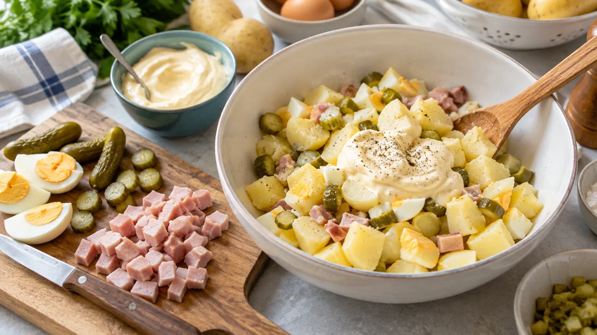 Saladier de salade façon piémontaise allégée au fromage blanc, pommes de terre, tomates et cornichons