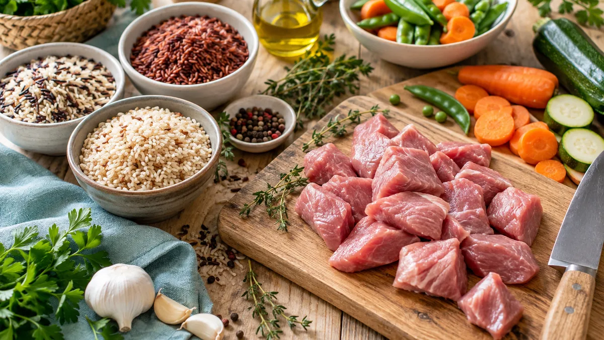 Assiette de sauté de veau et son mélange de trois riz aux petits légumes