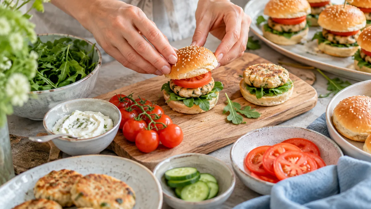 Plateau de petits burgers apéritifs montés sur pics, avec pain, mimolette, jambon, tomate et concombre