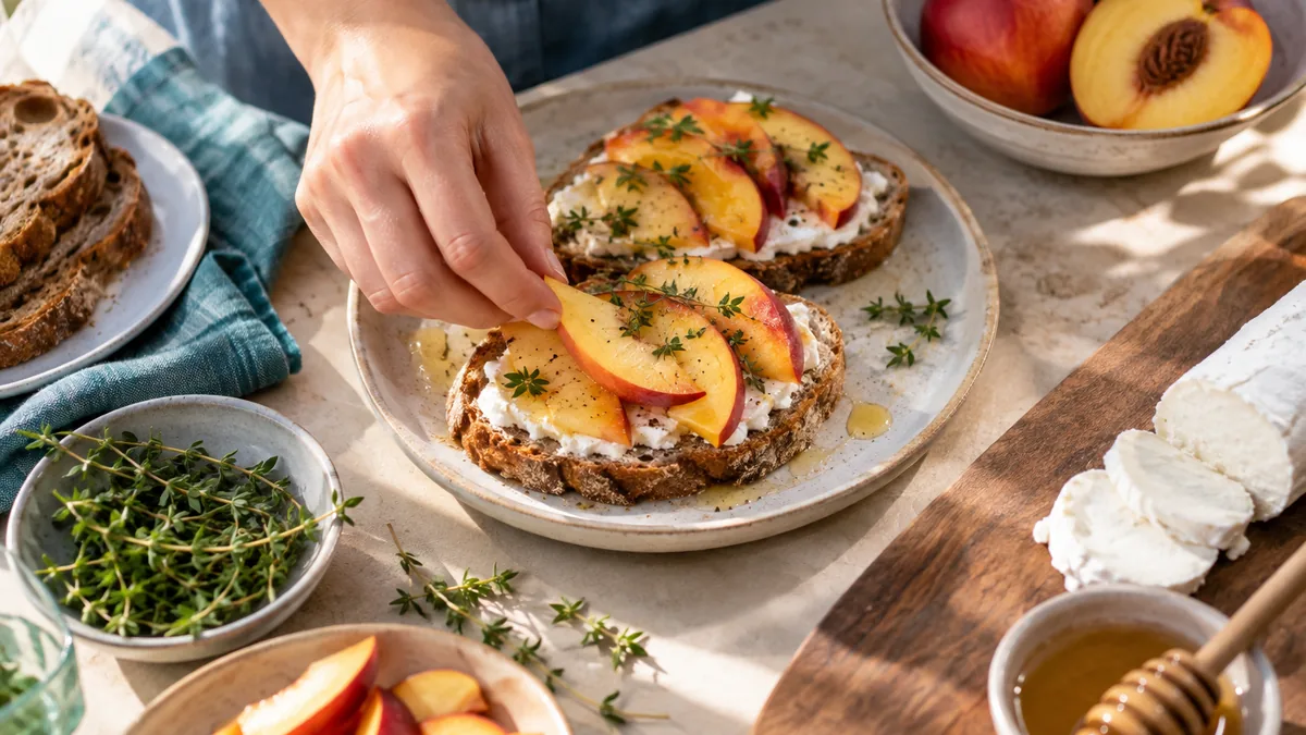 Tartines de pain grillé garnies de nectarine, de fromage de chèvre et d'un filet de miel, servies avec de la roquette