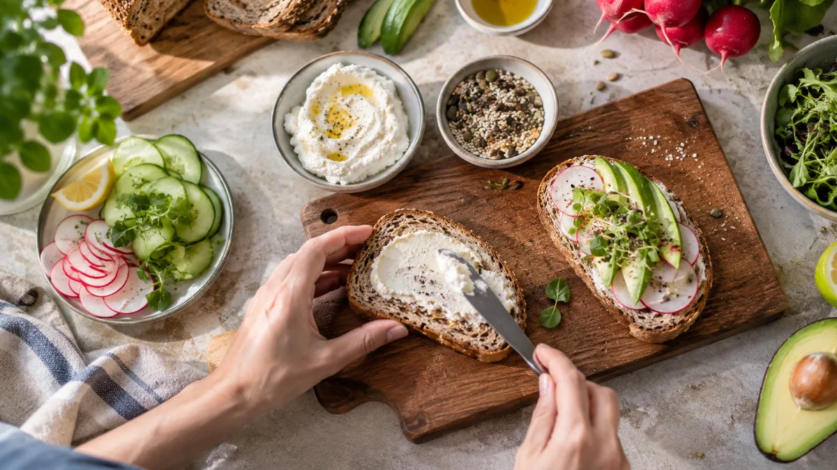 Tartines de pain de campagne garnies de tomate et de sardine, parsemees d'amandes effilees