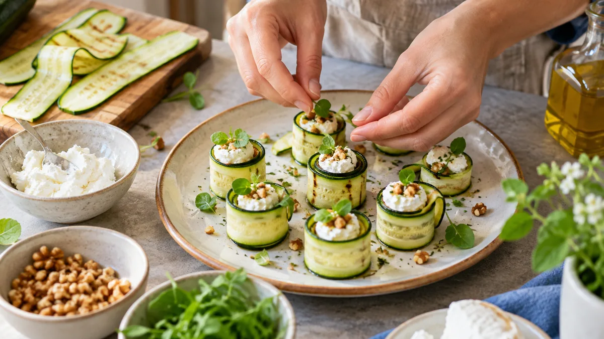 Salade de mesclun avec canapes de courgette grillee au chevre et quartiers de peche