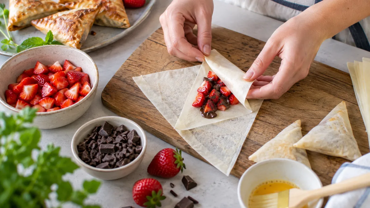 Samoussas croustillants garnis de chocolat noir et de fraises, dores au four