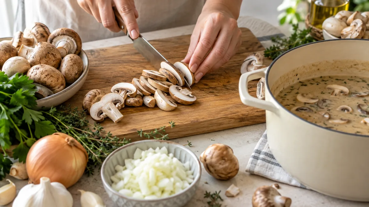 Bol de veloute de champignons de Paris garni de lamelles poelees et de persil