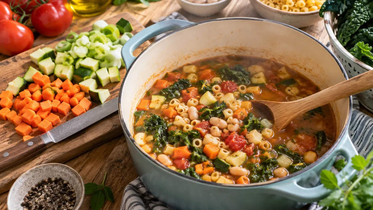 Bol de minestrone maison aux légumes secs, garni de basilic frais