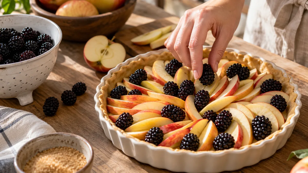 Tarte aux pommes disposees en rosace et parsemee de mures juteuses, doree au four