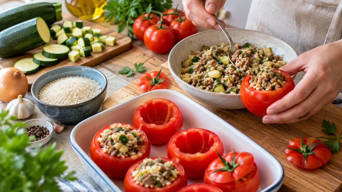 Tomates farcies dorees au four accompagnees d'un riz a la courgette