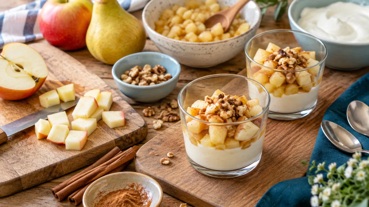 Verrine de compote pomme poire sur lit de fromage blanc, parsemee de noisettes