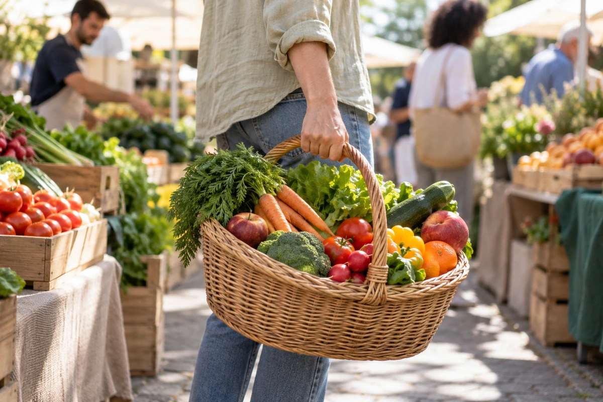 Panier de marché rempli de légumes de saison et de fruits colorés porté à la main, envie de manger équilibré au quotidien