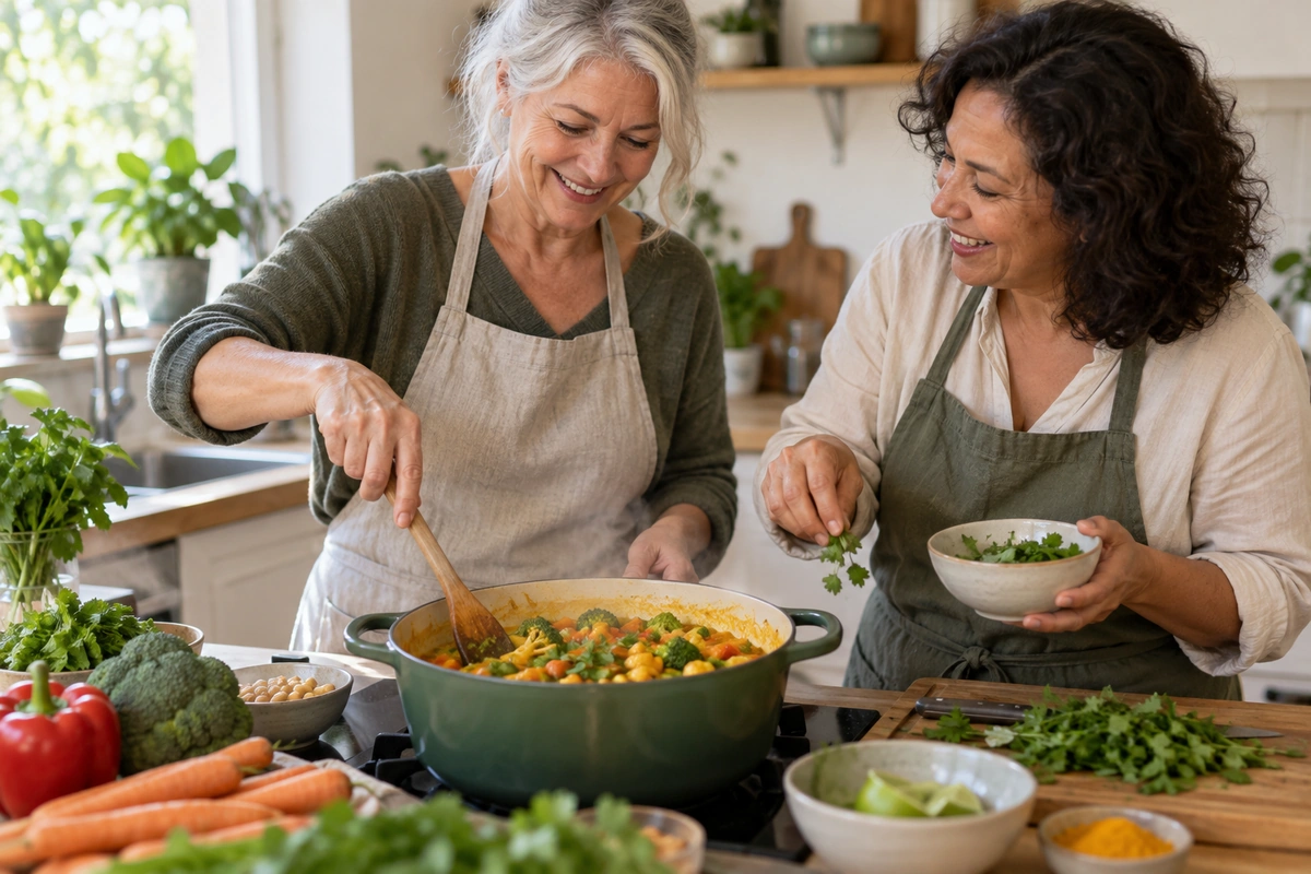 Deux amies de plus de cinquante ans cuisinant ensemble un curry de légumes, soutien pour rester motivée à manger équilibré
