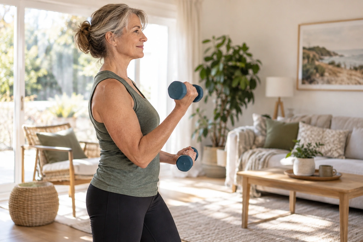 Femme de cinquante ans de profil soulevant des haltères légers dans un salon lumineux, renforcement musculaire après 45 ans