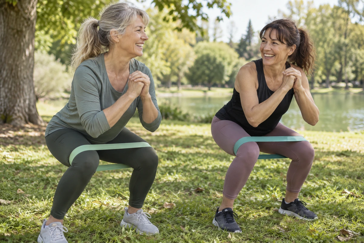 Deux femmes de cinquante ans riant pendant une séance de squats avec élastique dans un parc, musculation à la ménopause