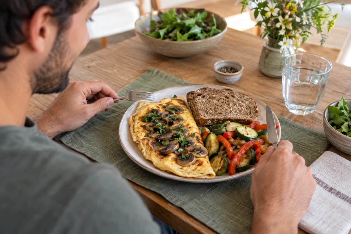 Assiette colorée avec omelette aux champignons, légumes poêlés et pain complet, repas rassasiant pour maigrir sans régime