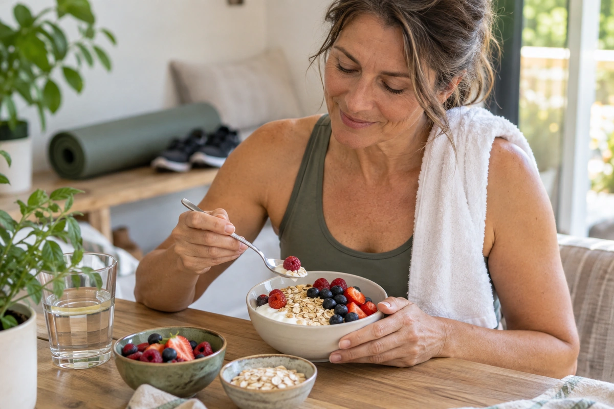 Bol de fromage blanc, flocons d’avoine et fruits rouges après une séance, alimentation de la sportive en périménopause