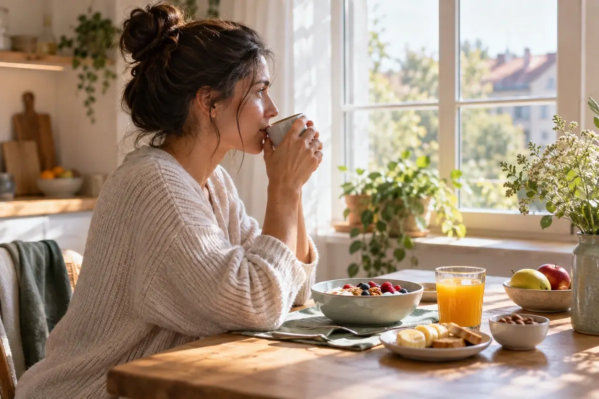 Femme de profil buvant un café près d’une fenêtre au réveil, question du petit déjeuner quand on veut maigrir