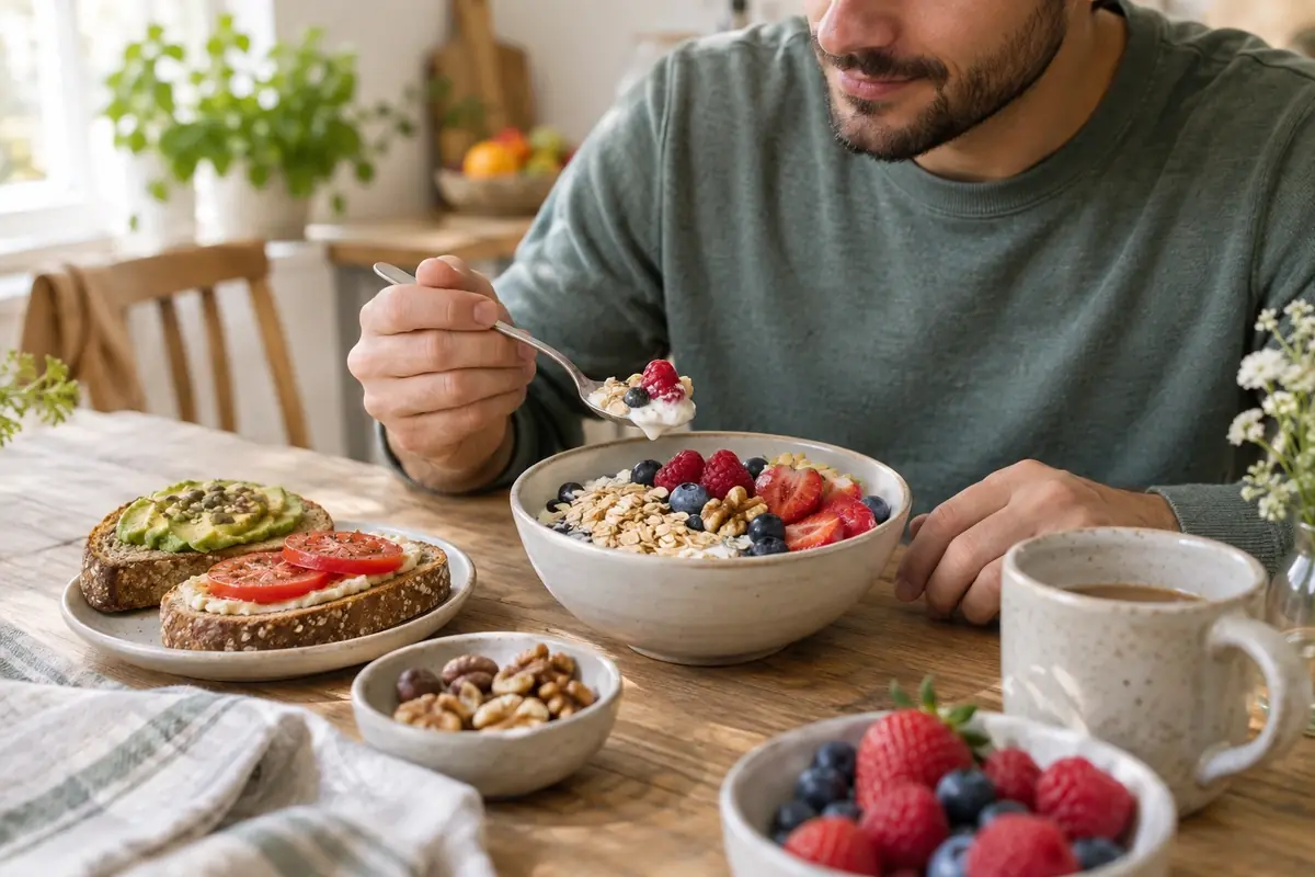Bol de skyr aux flocons d’avoine, fruits rouges et noix avec tartines complètes, petit déjeuner rassasiant