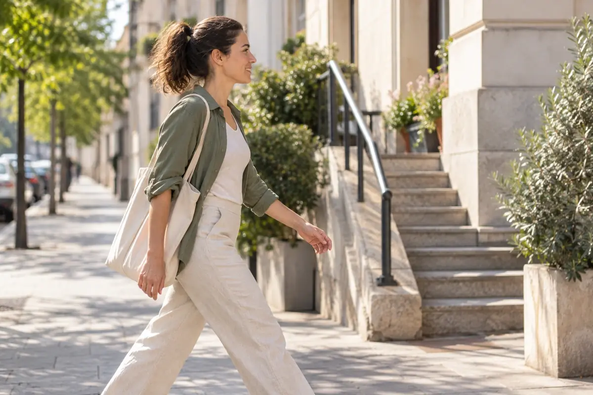 Femme de profil marchant d’un bon pas dans une rue ensoleillée, activité quotidienne et plateau de perte de poids