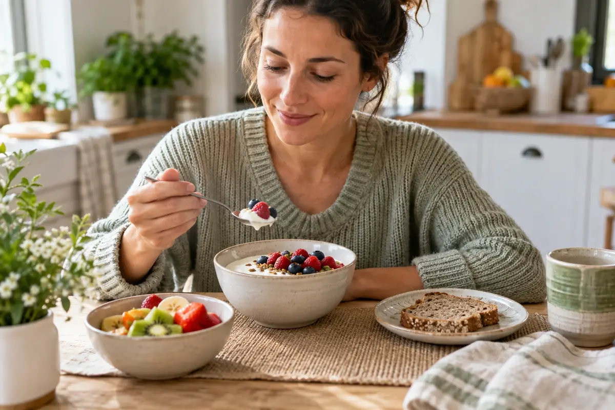Bol de fromage blanc, pain complet et fruits frais sur une table de cuisine, petit-déjeuner rassasiant pendant un plateau
