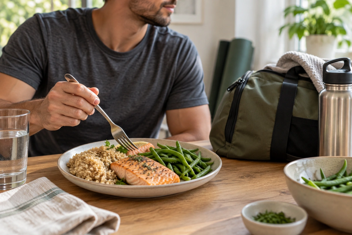 Assiette de saumon, riz complet et haricots verts près d’un sac de sport, besoins en protéines du sportif