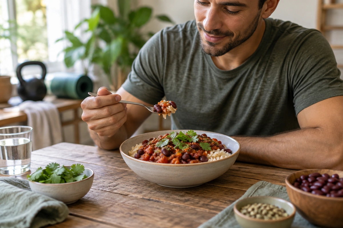 Bol de chili sin carne au riz et haricots rouges sur une table rustique, protéines végétales pour sportif végétarien