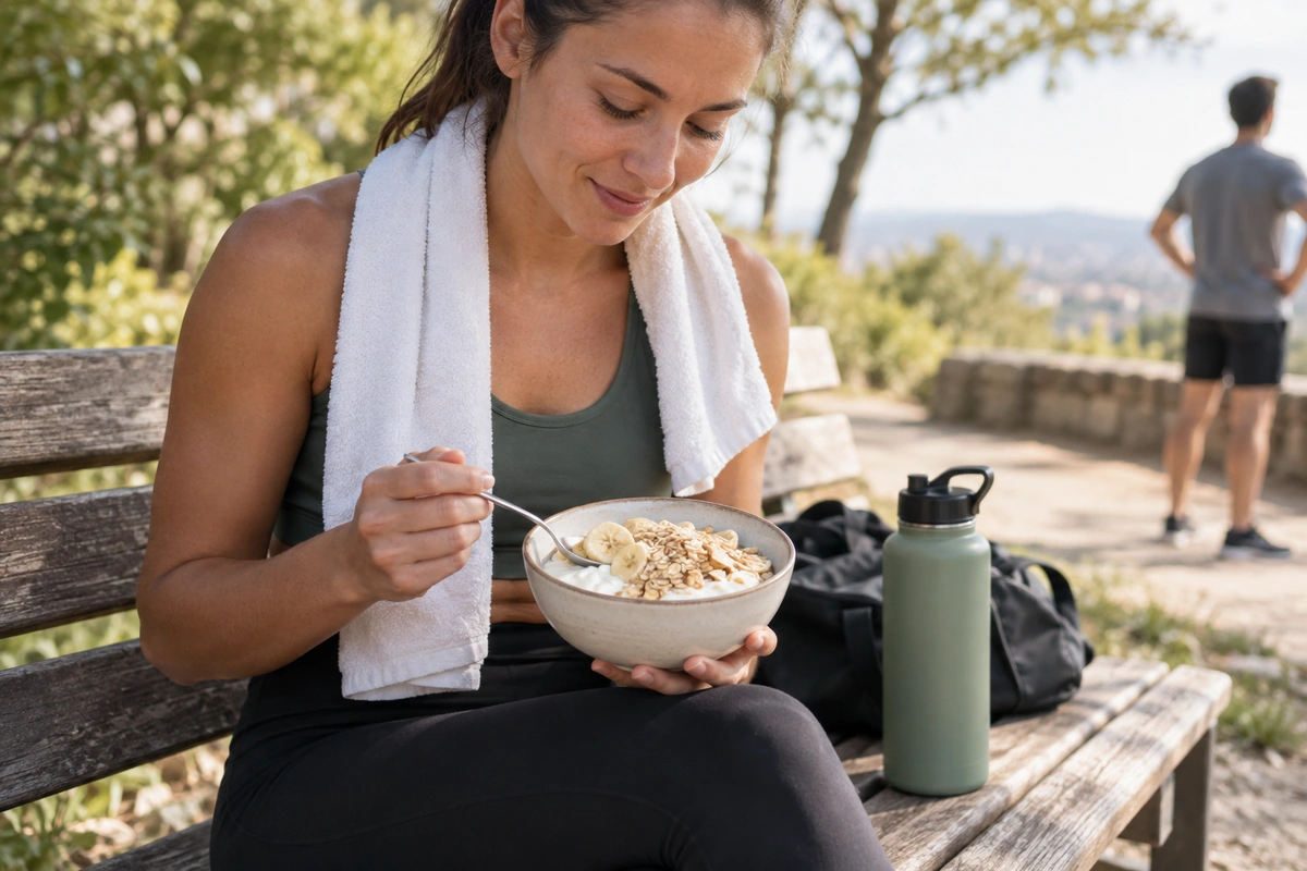 Bol de fromage blanc, banane et flocons d’avoine près d’une gourde sur un banc, collation après le sport pour récupérer