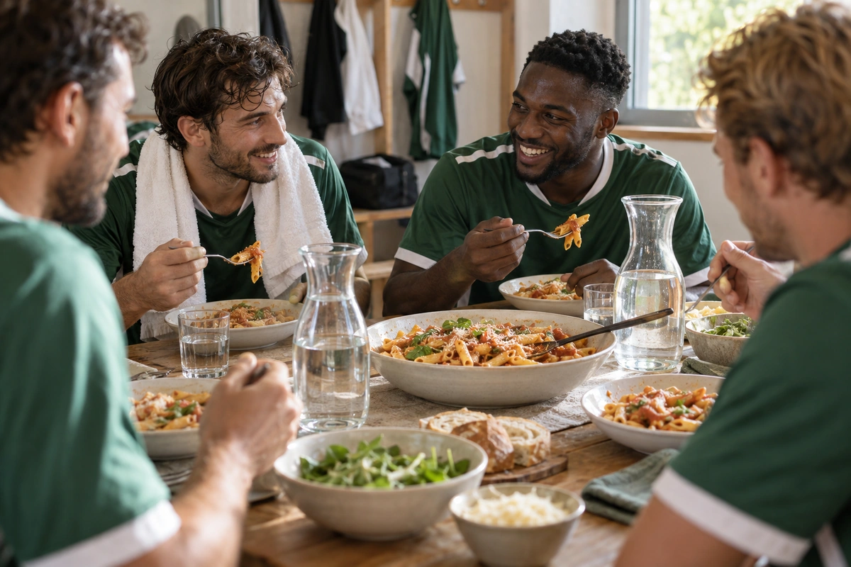 Joueurs attablés autour d’un grand plat de pâtes et de carafes d’eau après un match, repas de récupération sportive