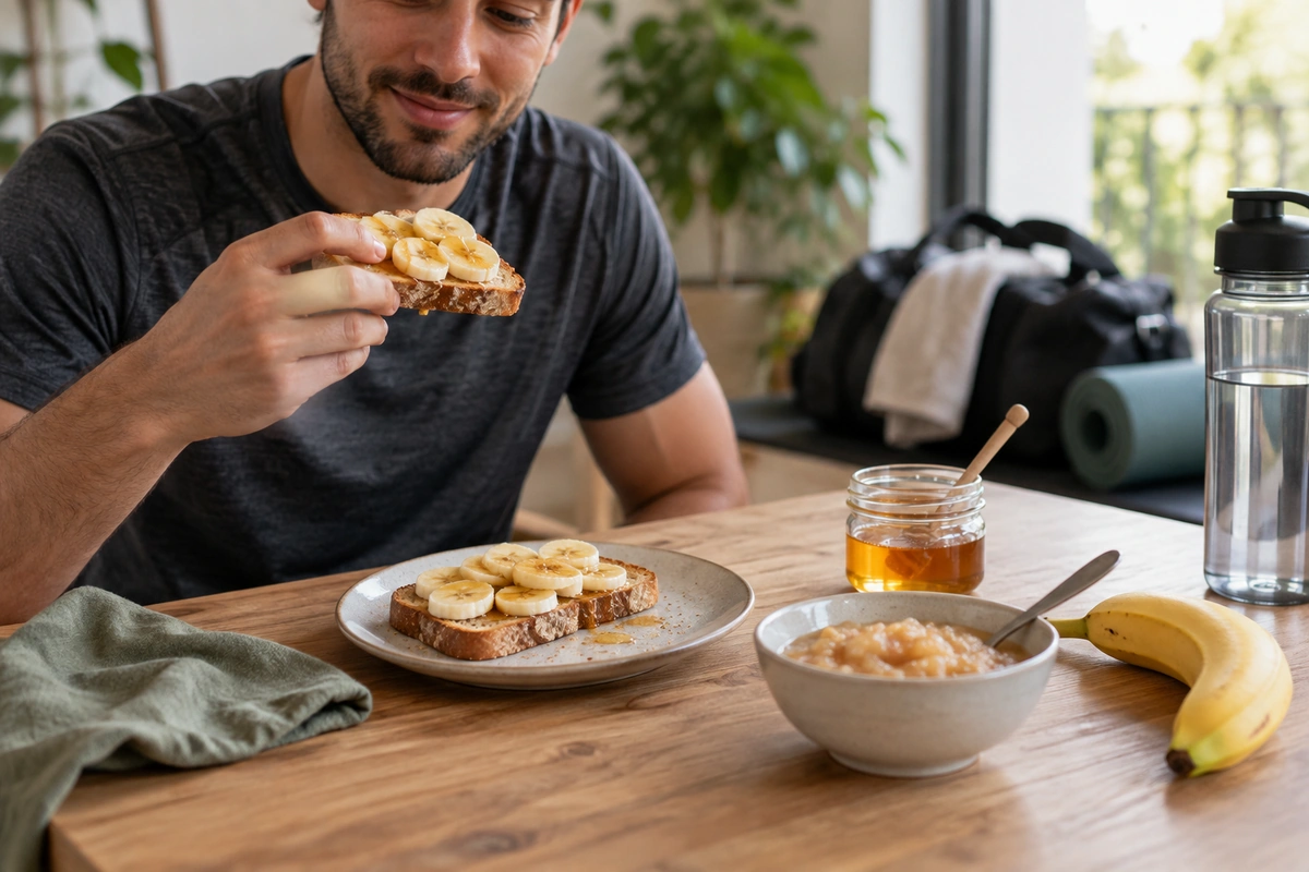 Tranches de pain grillé au miel, banane et compote sur une table en bois, collation avant une séance de sport