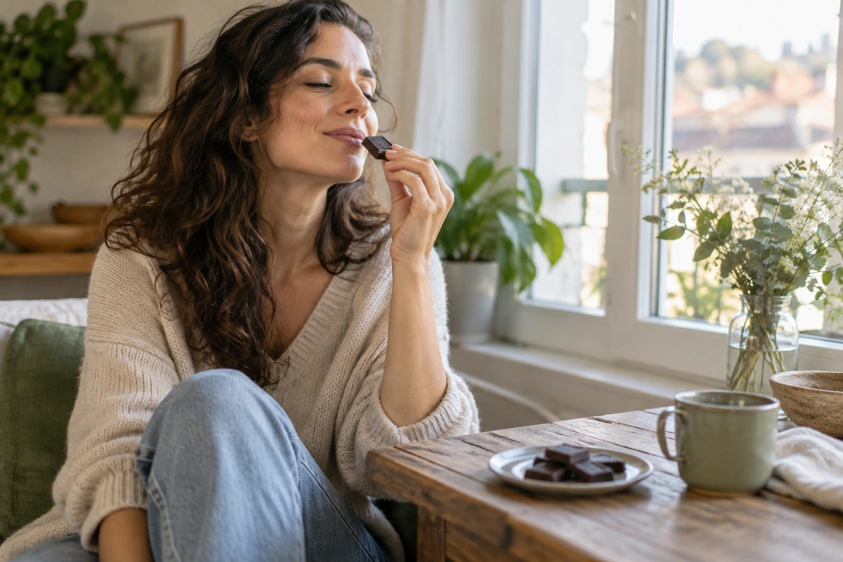 Femme savourant un carré de chocolat assise près d’une fenêtre, sortir des régimes et de la restriction alimentaire