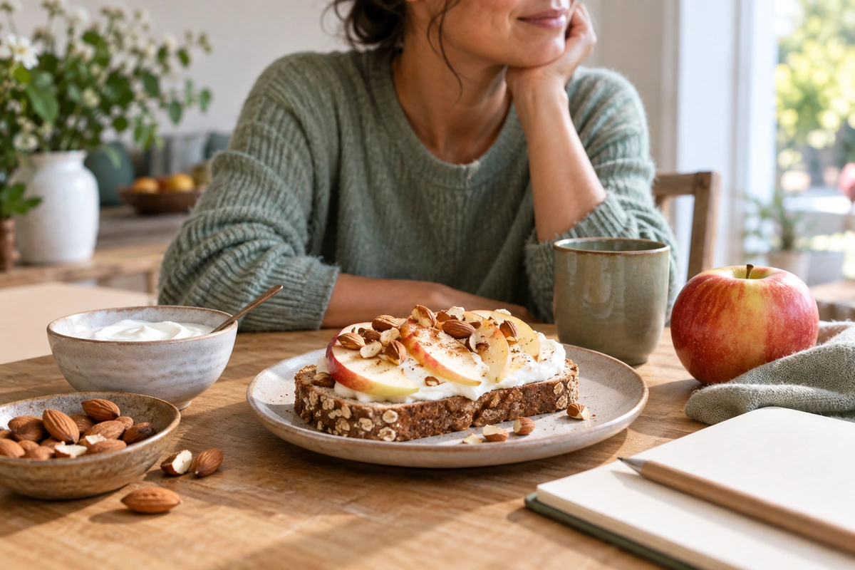 Tartine de pain complet au fromage, yaourt, amandes et pomme sur une table, goûter pour sortir de la restriction