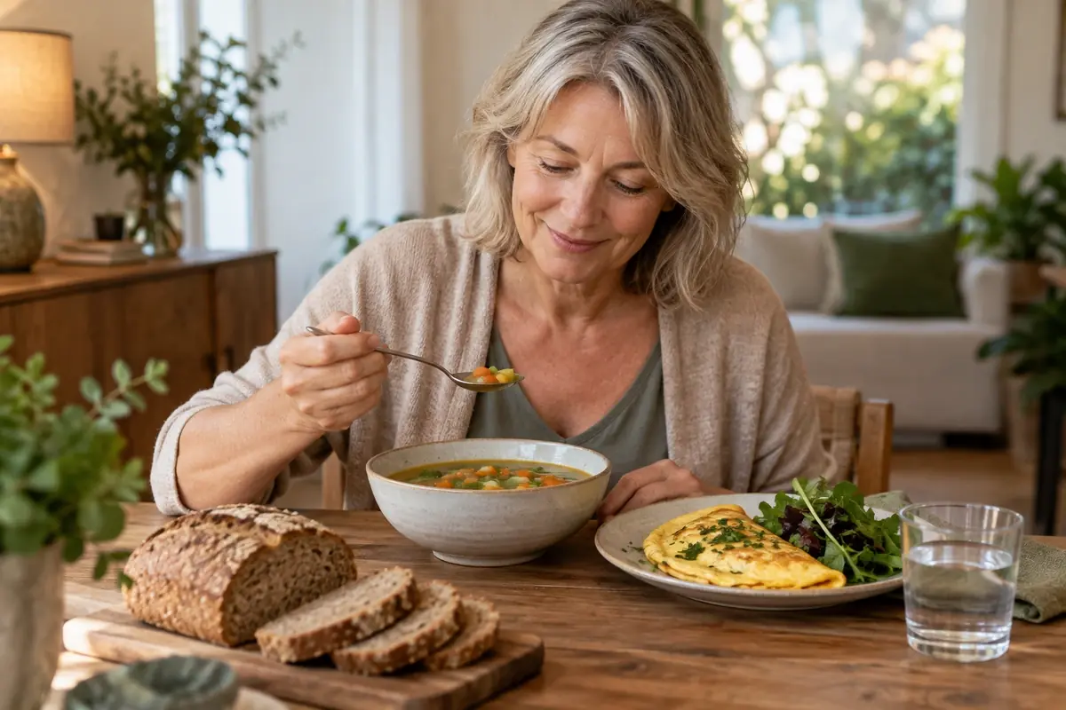 Dîner du soir avec soupe de légumes, omelette et pain complet, alimentation pour le sommeil à la ménopause