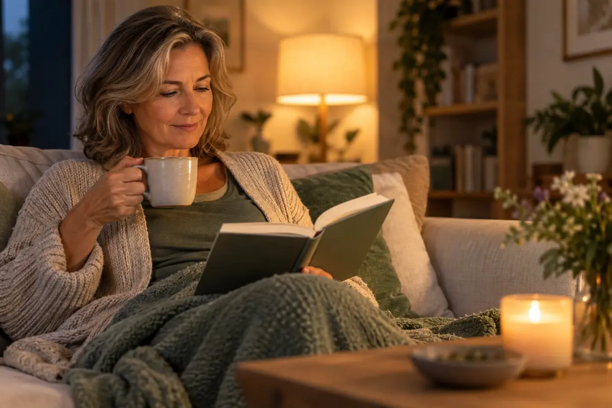 Femme de cinquante ans lisant un livre avec une tisane dans un salon tamisé, rituel du soir pour le sommeil