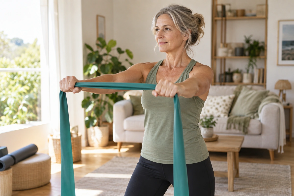 Femme de cinquante ans faisant du renforcement musculaire avec un élastique dans son salon lumineux, sport à la ménopause