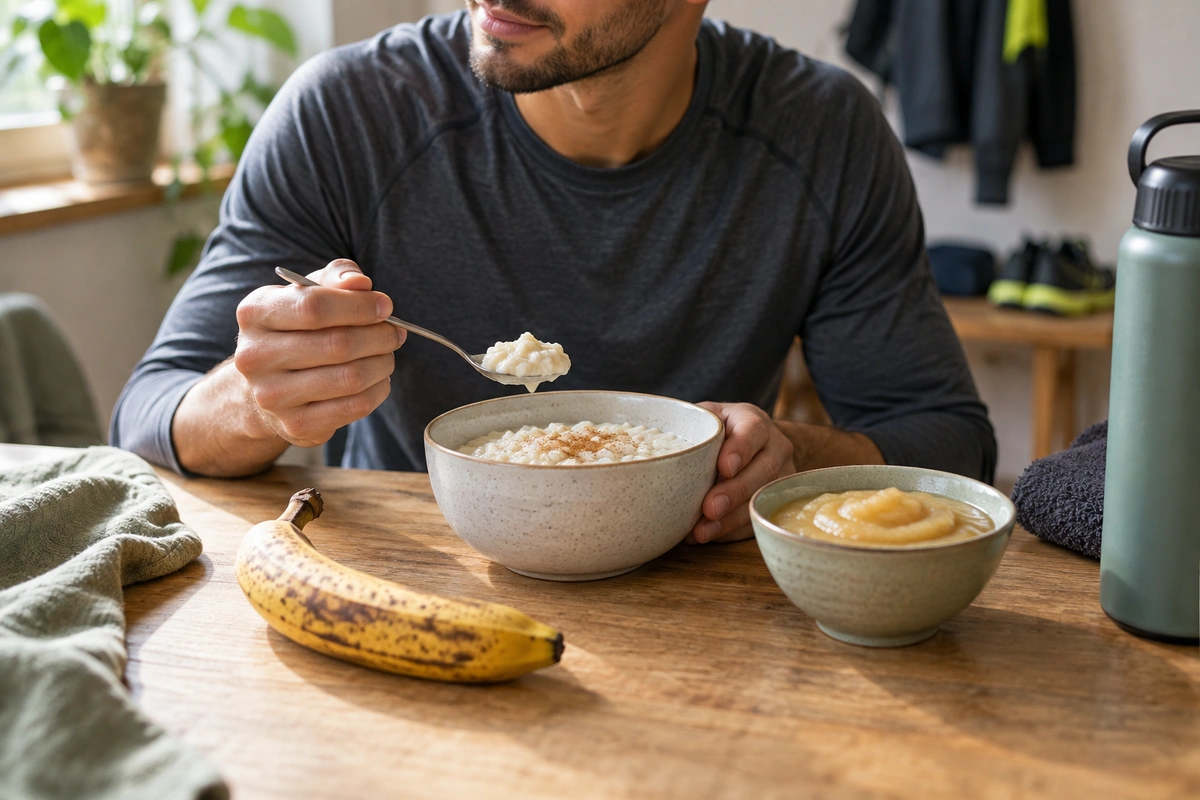 Bol de riz au lait, banane bien mûre et compote sur une table en bois, que manger le jour d’une compétition
