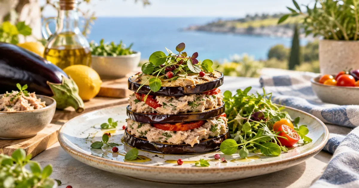 Millefeuille d'aubergine aux rillettes de maquereau, un plat léger riche en oméga-3