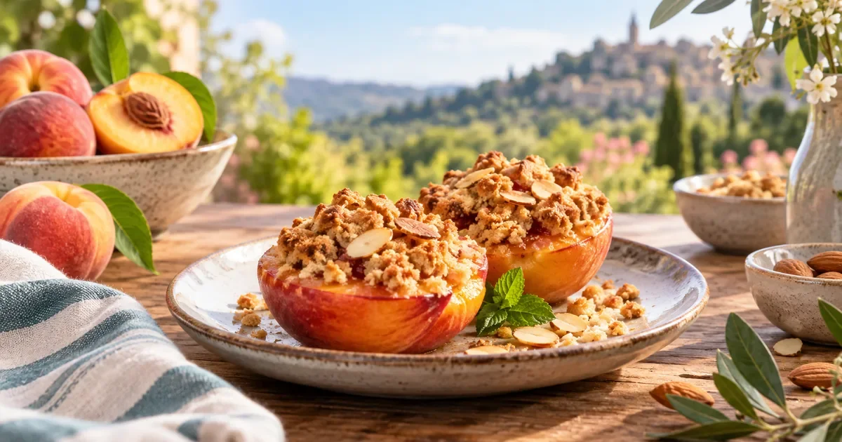 Duo de pêches façon crumble, le dessert d'été léger et gourmand