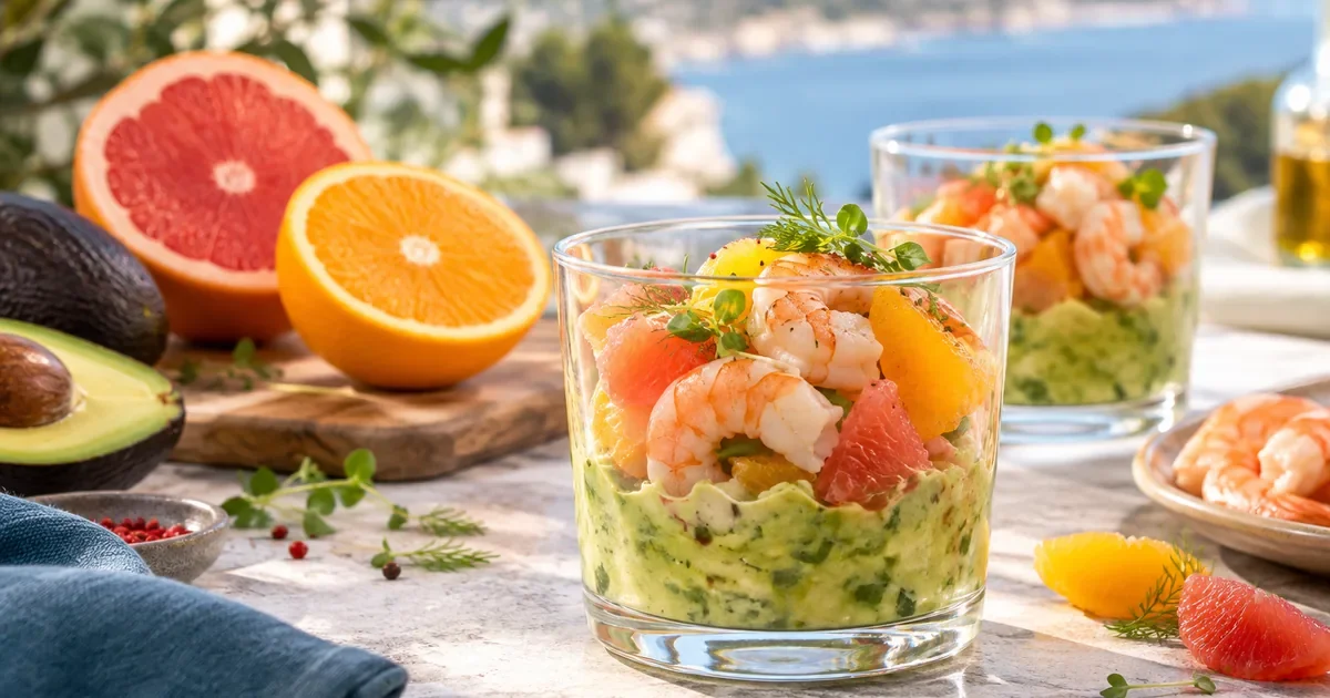 Verrine avocat, crevette, pamplemousse et orange, la fraîcheur des agrumes