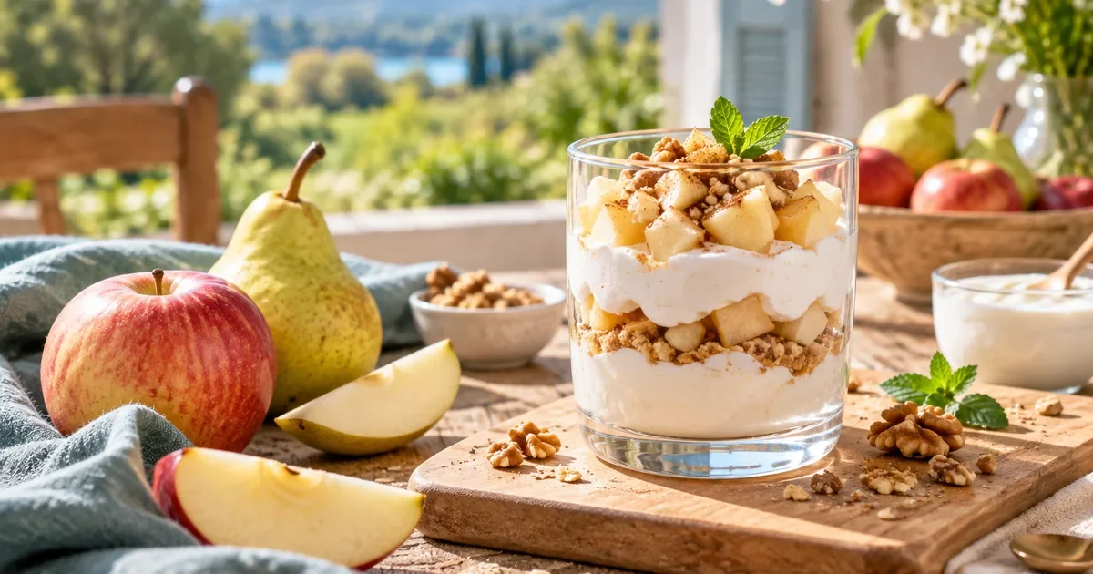 Verrine pomme, poire sur lit de fromage blanc, le goûter naturellement gourmand