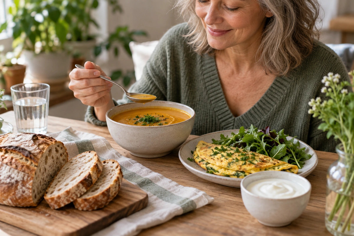 Bol de soupe de légumes mixés, omelette aux herbes et pain au levain, dîner digeste contre le ventre gonflé