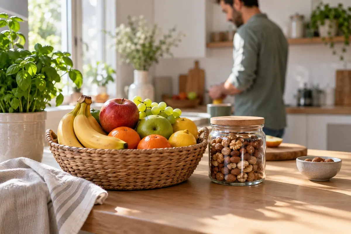 Corbeille de fruits et bocal de noix sur un plan de travail lumineux pour changer ses habitudes sans volonté