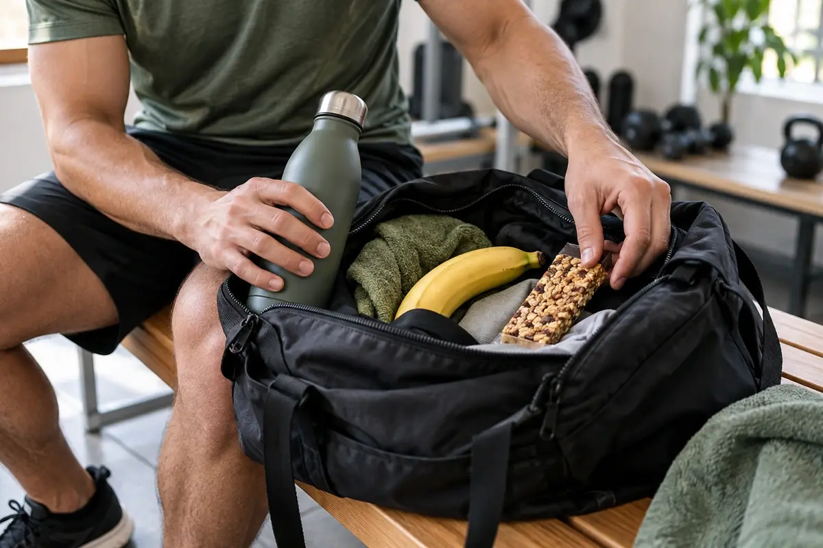 Sac de sport ouvert avec gourde, banane et barre de céréales, organisation de l’alimentation du sportif